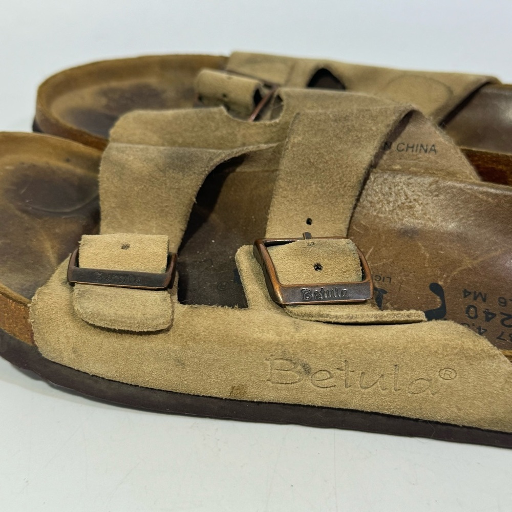 Betula Birkenstock size 37 Ladies 6 Men’s 4 Slide on Sandals Tan Suede - Picture 3 of 11